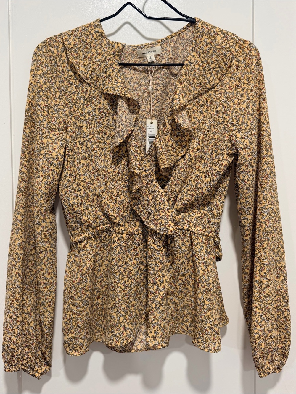 Max Studio Mustard Floral Ruffle Wrap Blouse - Women's